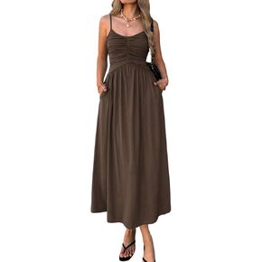 Women’s Spaghetti Strap Midi Dress Ruched Bust Flowy A Line Sleeveless Empire Waist Summer Casual Dress with Pockets in Kuwait