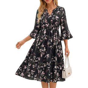 VALOLIA Casual Dresses for Women 2026 V Neck 3/4 Sleeve Chiffon Summer Floral Mini Dress in Kuwait