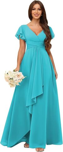 Short Sleeves Bridesmaid Dresses with Pleated Chiffon V Neck Ruffles A Line Formal Evening Dresses for Women in Saudi Arabia