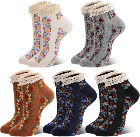 5 Pairs Vintage Floral Cotton Ankle Socks for Women Funny Frilly Novelty Ruffle Warm Casual Dress Short Socks in Saudi Arabia