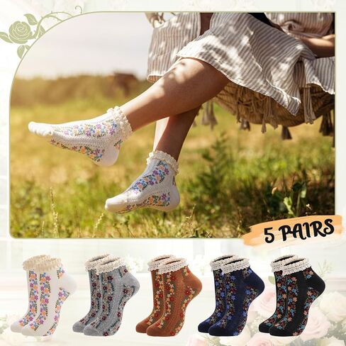 5 Pairs Vintage Floral Cotton Ankle Socks for Women Funny Frilly Novelty Ruffle Warm Casual Dress Short Socks in Saudi Arabia