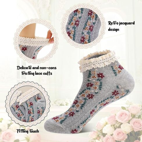 5 Pairs Vintage Floral Cotton Ankle Socks for Women Funny Frilly Novelty Ruffle Warm Casual Dress Short Socks in Saudi Arabia