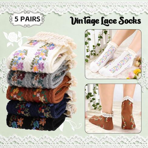 5 Pairs Vintage Floral Cotton Ankle Socks for Women Funny Frilly Novelty Ruffle Warm Casual Dress Short Socks in Saudi Arabia