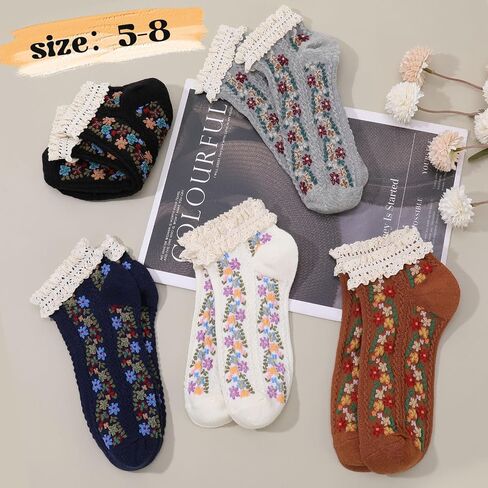 5 Pairs Vintage Floral Cotton Ankle Socks for Women Funny Frilly Novelty Ruffle Warm Casual Dress Short Socks in Saudi Arabia