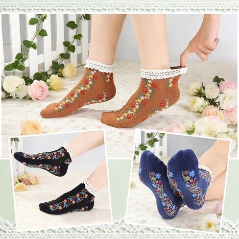 5 Pairs Vintage Floral Cotton Ankle Socks for Women Funny Frilly Novelty Ruffle Warm Casual Dress Short Socks in Saudi Arabia