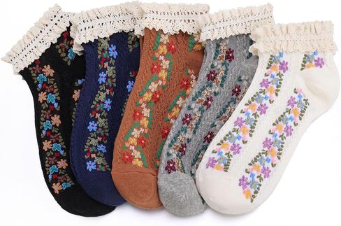 5 Pairs Vintage Floral Cotton Ankle Socks for Women Funny Frilly Novelty Ruffle Warm Casual Dress Short Socks in Saudi Arabia