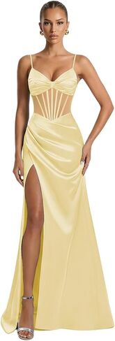 Spaghetti Straps Satin Illusion Prom Dresses for Teens 2026 Corset Mermaid Pleated Formal Evening Gown with Slit in Saudi Arabia