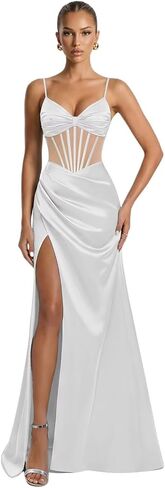 Spaghetti Straps Satin Illusion Prom Dresses for Teens 2026 Corset Mermaid Pleated Formal Evening Gown with Slit in Saudi Arabia