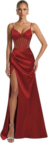 Spaghetti Straps Satin Illusion Prom Dresses for Teens 2026 Corset Mermaid Pleated Formal Evening Gown with Slit in Saudi Arabia
