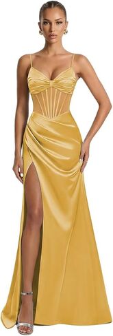 Spaghetti Straps Satin Illusion Prom Dresses for Teens 2026 Corset Mermaid Pleated Formal Evening Gown with Slit in Saudi Arabia