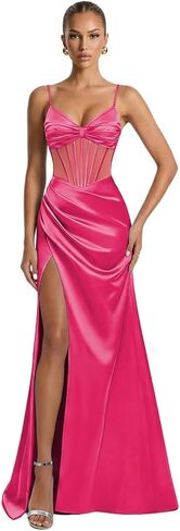 Spaghetti Straps Satin Illusion Prom Dresses for Teens 2026 Corset Mermaid Pleated Formal Evening Gown with Slit in Saudi Arabia