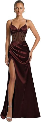 Spaghetti Straps Satin Illusion Prom Dresses for Teens 2026 Corset Mermaid Pleated Formal Evening Gown with Slit in Saudi Arabia