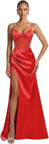 Spaghetti Straps Satin Illusion Prom Dresses for Teens 2026 Corset Mermaid Pleated Formal Evening Gown with Slit in Saudi Arabia