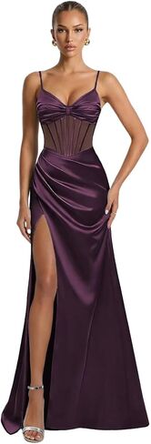 Spaghetti Straps Satin Illusion Prom Dresses for Teens 2026 Corset Mermaid Pleated Formal Evening Gown with Slit in Saudi Arabia