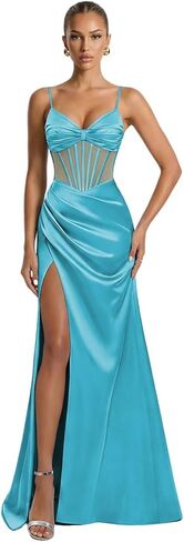 Spaghetti Straps Satin Illusion Prom Dresses for Teens 2026 Corset Mermaid Pleated Formal Evening Gown with Slit in Kuwait