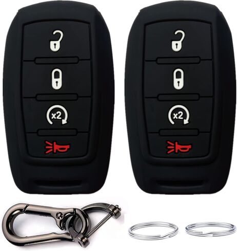 غطاء مفتاح التحكم عن بعد الذكي من السيليكون متوافق مع 2021 2020 2019 Ram 1500 رقم الجزء: 68291689AD (4 أزرار) (أسود + أسود) in Kuwait