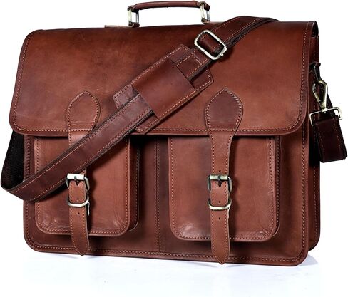 17.5 Inch Men’s Buffalo Leather Laptop Messenger Bag with Padded Laptop Sleeve, Rustic Brown Full Grain Office Shoulder Bag with Multiple Compartments, Professional Crossbody Briefcase for Travel | Buffalo Leather Bag in Saudi Arabia