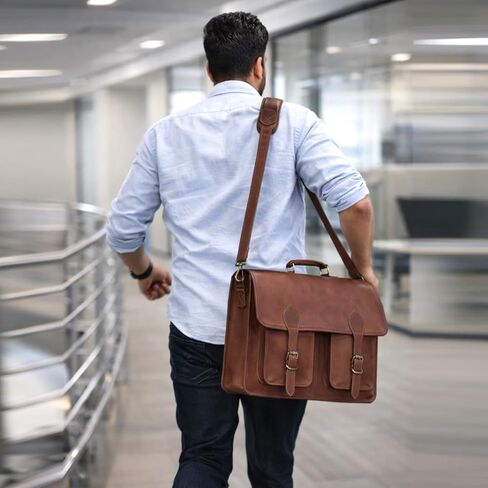 17.5 Inch Men’s Buffalo Leather Laptop Messenger Bag with Padded Laptop Sleeve, Rustic Brown Full Grain Office Shoulder Bag with Multiple Compartments, Professional Crossbody Briefcase for Travel | Buffalo Leather Bag in Saudi Arabia