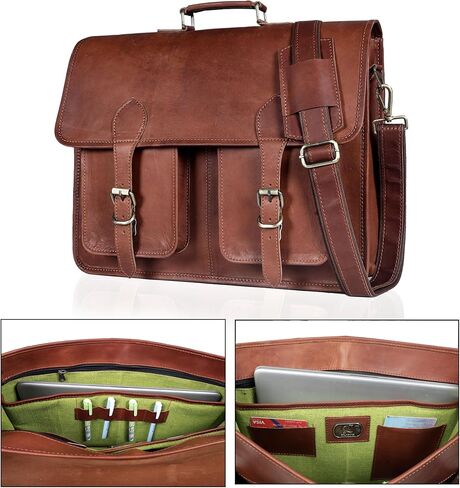 17.5 Inch Men’s Buffalo Leather Laptop Messenger Bag with Padded Laptop Sleeve, Rustic Brown Full Grain Office Shoulder Bag with Multiple Compartments, Professional Crossbody Briefcase for Travel | Buffalo Leather Bag in Saudi Arabia