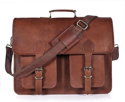 17.5 Inch Men’s Buffalo Leather Laptop Messenger Bag with Padded Laptop Sleeve, Rustic Brown Full Grain Office Shoulder Bag with Multiple Compartments, Professional Crossbody Briefcase for Travel | Buffalo Leather Bag in Saudi Arabia