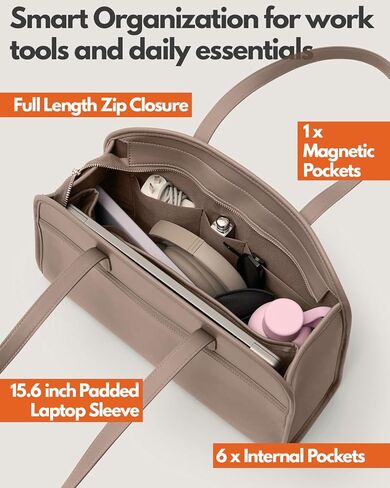 Work Tote Bags for Women 15.6 Inch - Laptop Tote Bag with Zip Compartments - Briefcase for Women Professional for Computer - Large PU Leather Office Purse - Taupe in Saudi Arabia