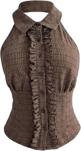 SweatyRocks Women's Y2k Backless Button Down Halter Tops Frill Trim Shirred Plaid Sleeveless Blouse in Saudi Arabia