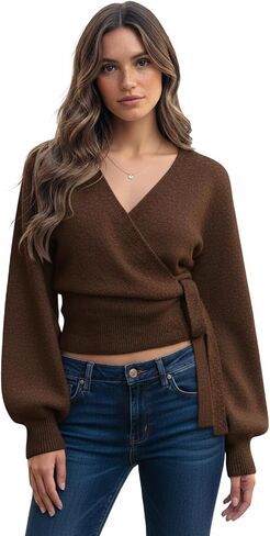 سترة نسائية بياقة على شكل V ملفوفة بخصر مرتفع وربطة عنق سترة منسوجة وسترات مقصوصة لطيفة للخروج ملابس غير رسمية مثيرة in Kuwait