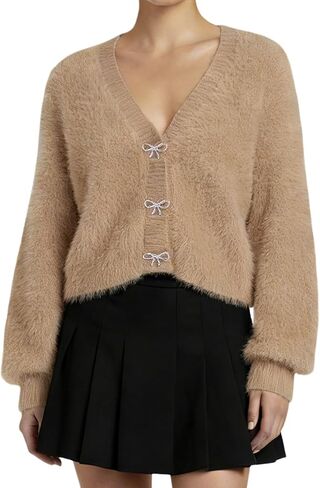Wyeysyt Fuzzy Cardigan Sweaters for Women Bowknot Brooch V Neck Long Sleeve Soft Chunky Cropped Cardigan Outwear in Kuwait