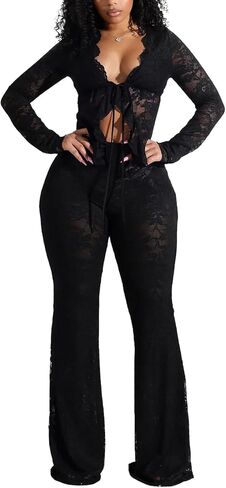Mandonce 2 Piece Sets for Women Lace Strap Cutout Cardigan and Lace High Waisted Flared Pants Matching Set Sexy Club Outfit in Kuwait