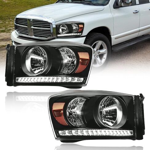 Headlights LED fit Dodge Ram 1500 2500 3500 2006-2008 LED DRL Head Lights Assembly Compatible 2007 2009 with Black Housing Halogen Headlamps Amber Reflector in Kuwait