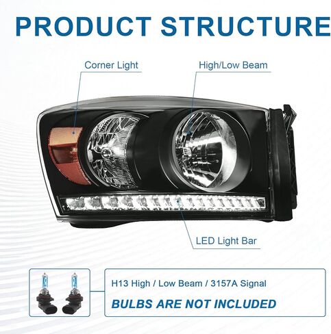 Headlights LED fit Dodge Ram 1500 2500 3500 2006-2008 LED DRL Head Lights Assembly Compatible 2007 2009 with Black Housing Halogen Headlamps Amber Reflector in Kuwait