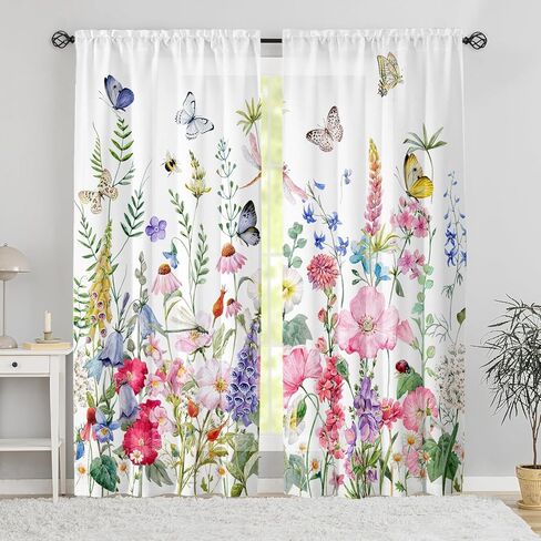 Floral Living Room Curtains 84 Inches Long Purple Pink Flowers Botanical Light Filtering Curtains for Bedroom Green Leaves Plants Drapes Spring Summer Farmhouse Country Window Treatment, 2 Panels in Kuwait