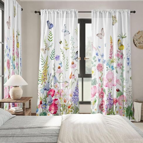 Floral Living Room Curtains 84 Inches Long Purple Pink Flowers Botanical Light Filtering Curtains for Bedroom Green Leaves Plants Drapes Spring Summer Farmhouse Country Window Treatment, 2 Panels in Kuwait