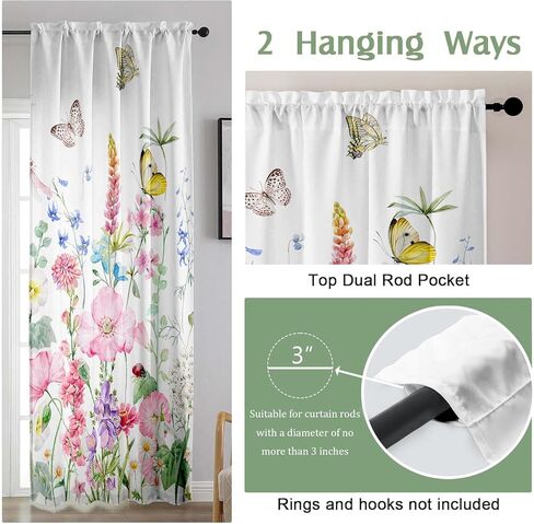 Floral Living Room Curtains 84 Inches Long Purple Pink Flowers Botanical Light Filtering Curtains for Bedroom Green Leaves Plants Drapes Spring Summer Farmhouse Country Window Treatment, 2 Panels in Kuwait