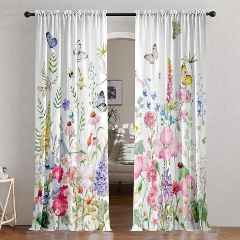 Floral Living Room Curtains 84 Inches Long Purple Pink Flowers Botanical Light Filtering Curtains for Bedroom Green Leaves Plants Drapes Spring Summer Farmhouse Country Window Treatment, 2 Panels in Kuwait