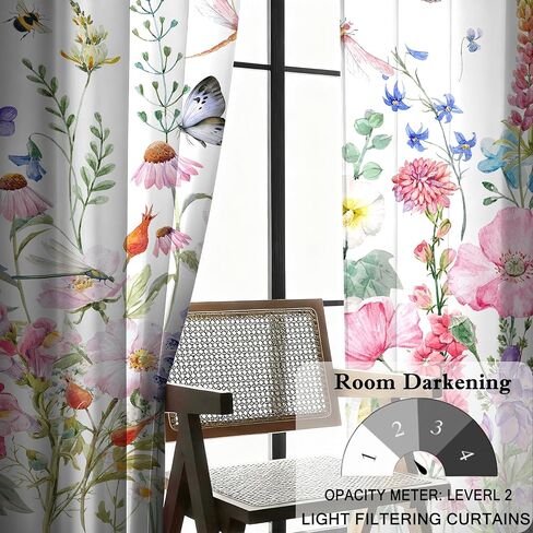 Floral Living Room Curtains 84 Inches Long Purple Pink Flowers Botanical Light Filtering Curtains for Bedroom Green Leaves Plants Drapes Spring Summer Farmhouse Country Window Treatment, 2 Panels in Kuwait