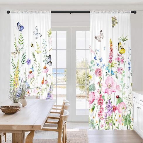 Floral Living Room Curtains 84 Inches Long Purple Pink Flowers Botanical Light Filtering Curtains for Bedroom Green Leaves Plants Drapes Spring Summer Farmhouse Country Window Treatment, 2 Panels in Kuwait