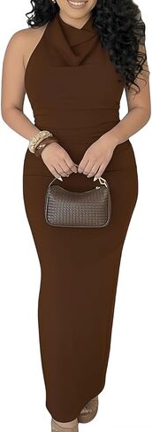 ENOPINK Formal Halter Backless Cocktail Dress for Women Elegant Cowl Neck Slit Ruched Wedding Guest Maxi Dress Eveing Gown in Saudi Arabia