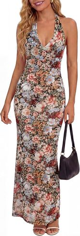فساتين Prinbara النسائية ذات الرقبة الرسن Bodycon ماكسي الصيف الأزهار شبكة رسمية أنيقة الزفاف ضيوف حفل كوكتيل فستان طويل in Kuwait
