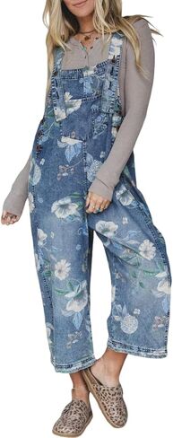 yoeasy Womens Floral Denim Bib Overalls Wide Leg Baggy Adjustable Strap Casual Loose Denim Pants Overall Jumpsuits in Saudi Arabia
