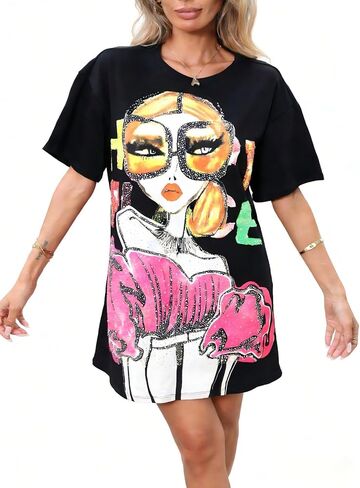 تي شيرتات نسائية ذات رسومات مطرزة وقمصان علوية لامعة للنساء قمصان روك مع رقبة دائرية تي شيرت برسومات مضحكة للنساء in Kuwait