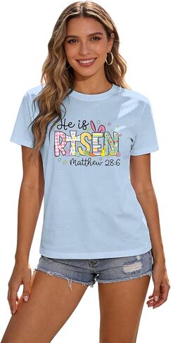 قمصان عيد الفصح للنساء تي شيرت He is Risen Jesus Christian تي شيرت بأكمام قصيرة وطباعة نظارات أرنب in Kuwait