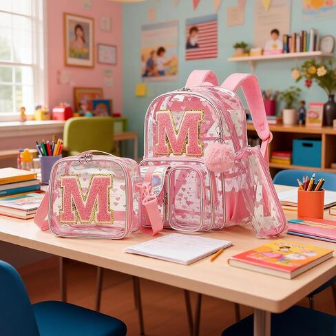 حقيبة ظهر شفافة باللون الوردي Monogram M شديدة التحمل للأطفال، حقائب ظهر شفافة للفتيات في المدارس، حقيبة كتب ابتدائية، حقيبة مدرسية للحفلات الموسيقية، معتمدة من الكلية، حقيبة شفافة للمراهقين والنساء in Kuwait