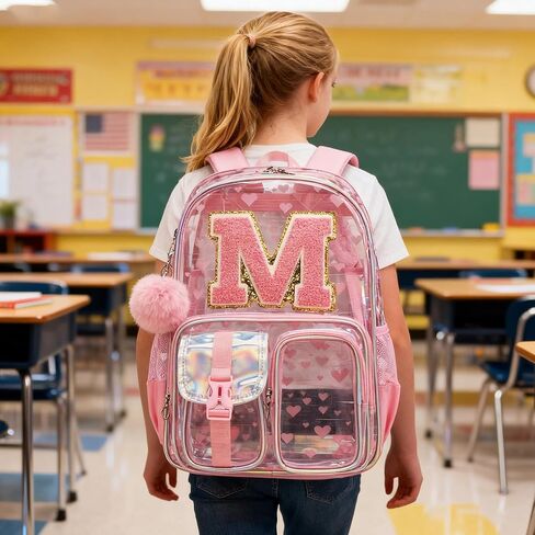 حقيبة ظهر شفافة باللون الوردي Monogram M شديدة التحمل للأطفال، حقائب ظهر شفافة للفتيات في المدارس، حقيبة كتب ابتدائية، حقيبة مدرسية للحفلات الموسيقية، معتمدة من الكلية، حقيبة شفافة للمراهقين والنساء in Kuwait