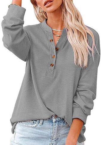 Women's Trendy Half Button Down Sweatshirts Lightweight V Neck Long Sleeve Pullover Tops Casual Fall Clothes in Saudi Arabia