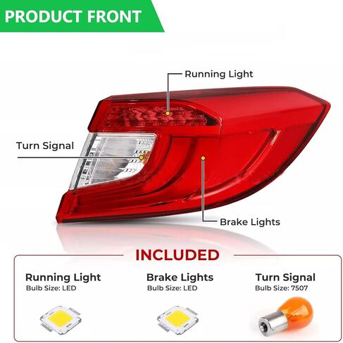 ضوء الذيل الجانبي للركاب متوافق مع هوندا أكورد 2018-2022، مصباح الفرامل الخلفي LED، استبدال الضوء الخلفي الجانب الخارجي الأيمن HO2805118 33500TVAA01 مع المصابيح والحزام in Kuwait