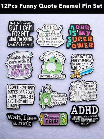 Funny Quote Enamel Pin Set, 12 Pack Metal Lapel Pins with Rubber Clasps, Cute Cartoon Badges in Plastic Storage Box for Backpack, Jacket, Lanyard in Kuwait