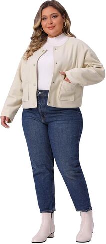 Agnes Orinda Plus Size Cropped Jackets for Women Single Breasted Bomber Jacket Long Sleeve Casual Shacket Coat with Pockets in Saudi Arabia