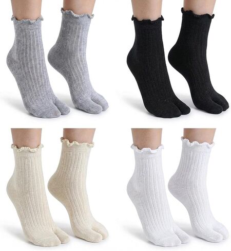 Thinp 4 Pairs Tabi Split Toe Flip Flop Socks Women, Breathable Cotton Japanese Split Toe Sock Ruffle Frilly Sports Casual Sock Non Slip Ankle Socks with Toes for Men Women Unisex in Saudi Arabia
