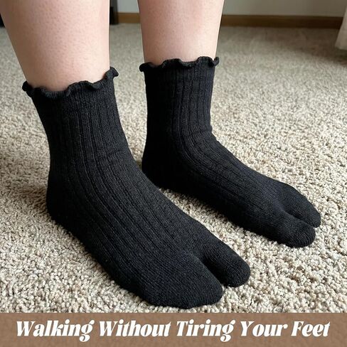 Thinp 4 Pairs Tabi Split Toe Flip Flop Socks Women, Breathable Cotton Japanese Split Toe Sock Ruffle Frilly Sports Casual Sock Non Slip Ankle Socks with Toes for Men Women Unisex in Saudi Arabia